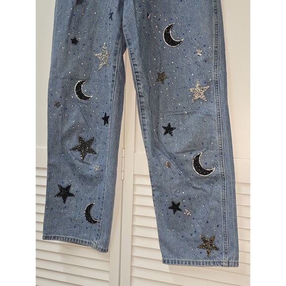 Womens Sunday Best Light Wash Straight Leg Jeans Star & Moon Sequins High Rise - Picture 3 of 7